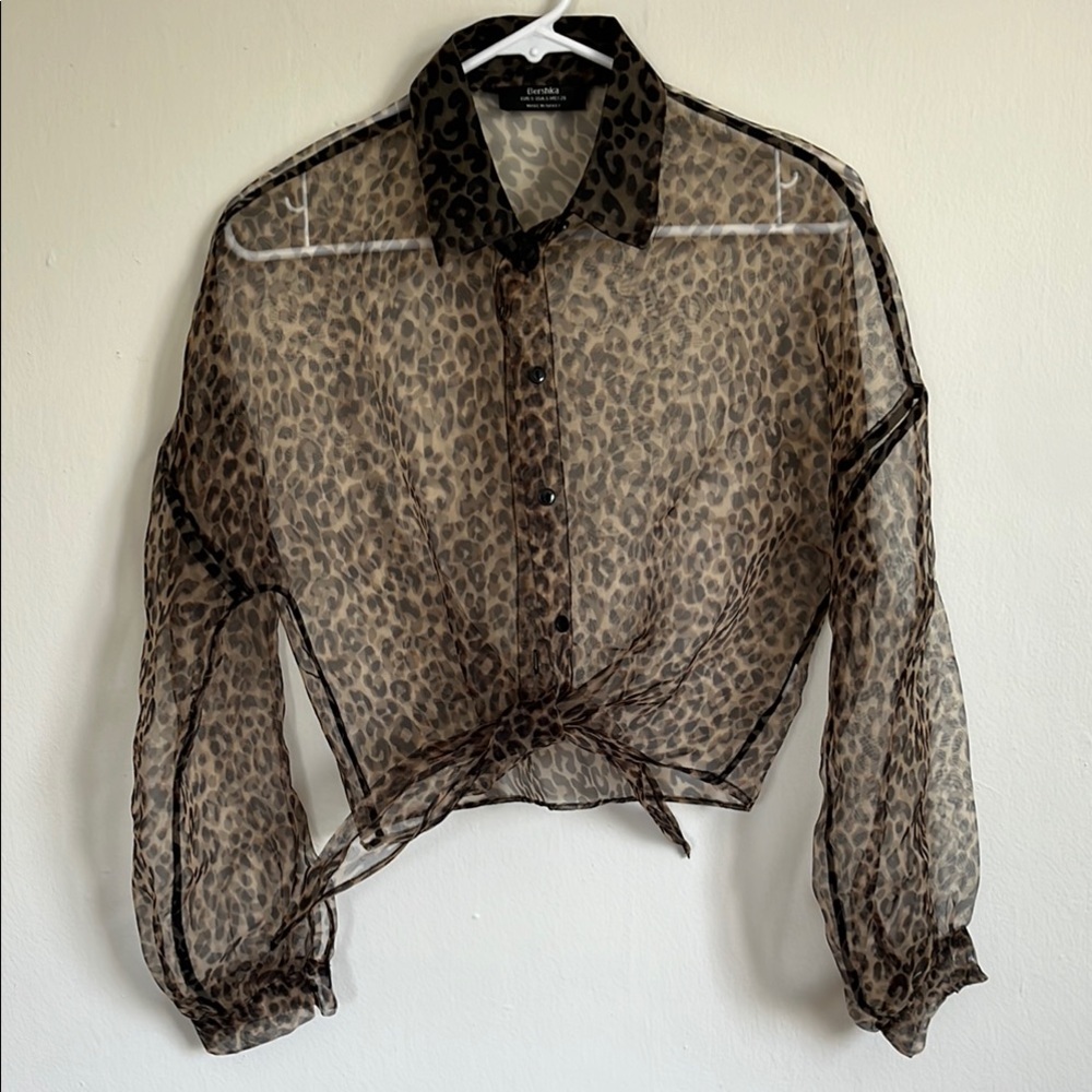 Bershka Sheer Leopard Print Crop Tie Front Blouse Size S